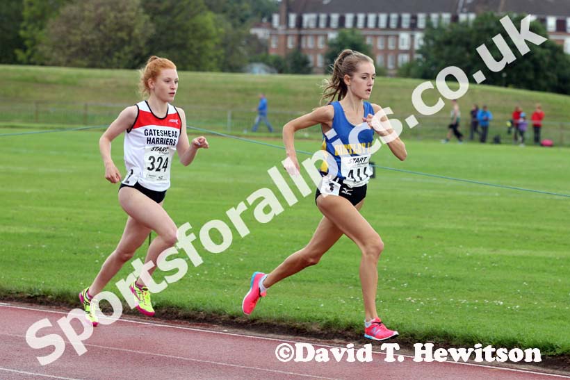 Lydia Turner (Birtley) leads Philippa Chambers (Gateshead)during the under-17s 3000 metres at the Northern Under-17s and 15s Championships, Liverpool.